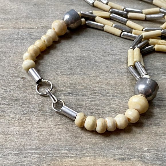 Carved Bone & Silver-plate Beaded Tribal Necklace - Picture 3 of 3